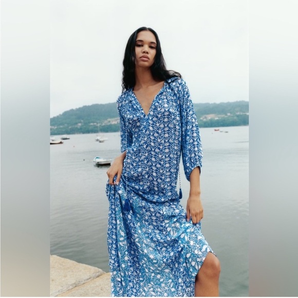 ZARA Blue/White BOHO FLORAL dotted MESH PRINTED MIDI DRESS sz XS - Picture 1 of 12